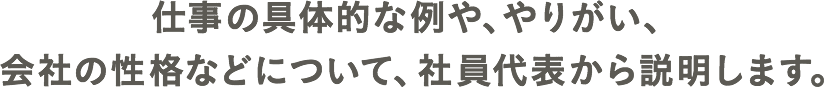 仕事の具体的な例や、やりがい、会社の性格などについて、社員代表から説明します。